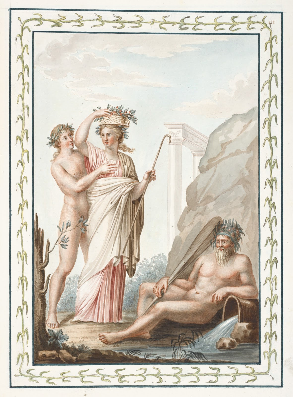 Woman carrying basket on her head nude youth and nude man reclining next to wate