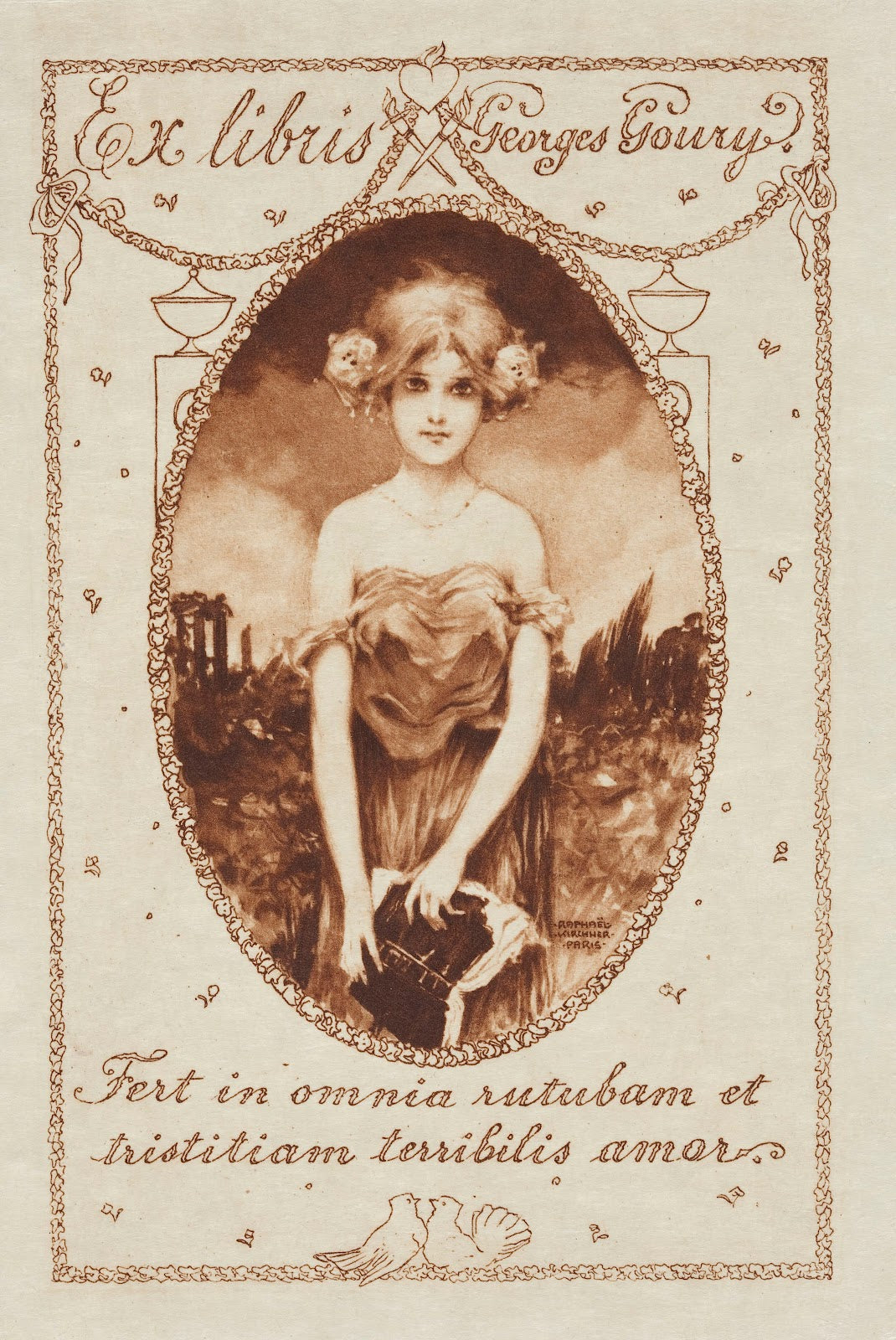 Bookplate of Georges Goury Fert in omnia rutubam et tristitiam terribilis amor 1