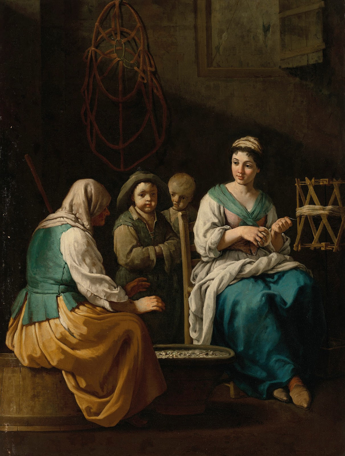 An allegory of Winter with a young woman spinning in an interior and an old woma