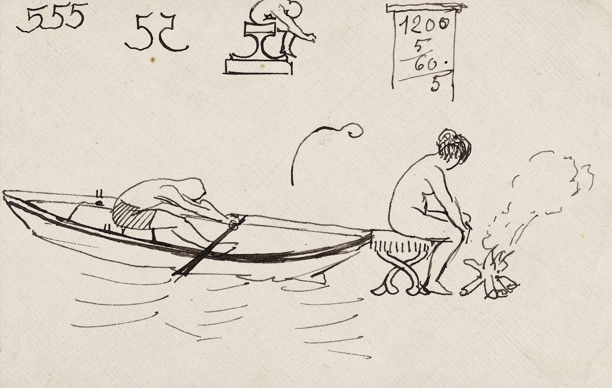 Rameur dans une barque et femme assise près dun feu de bois