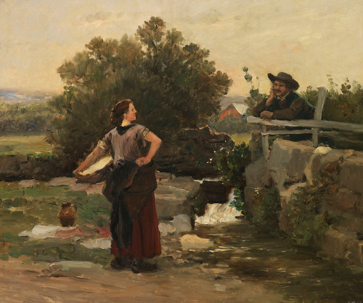 Washerwoman and boy talking on the creek bank ca1890