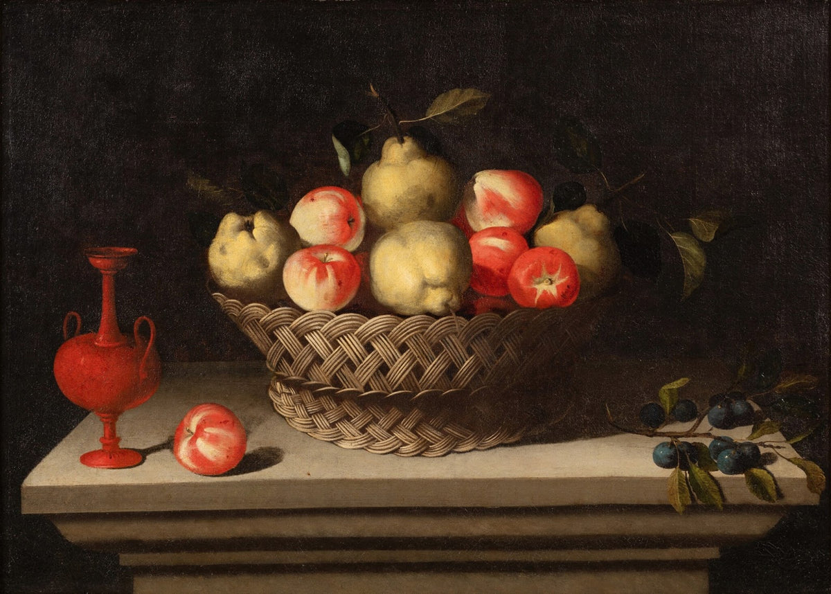 Still life with apples and pears in a basket