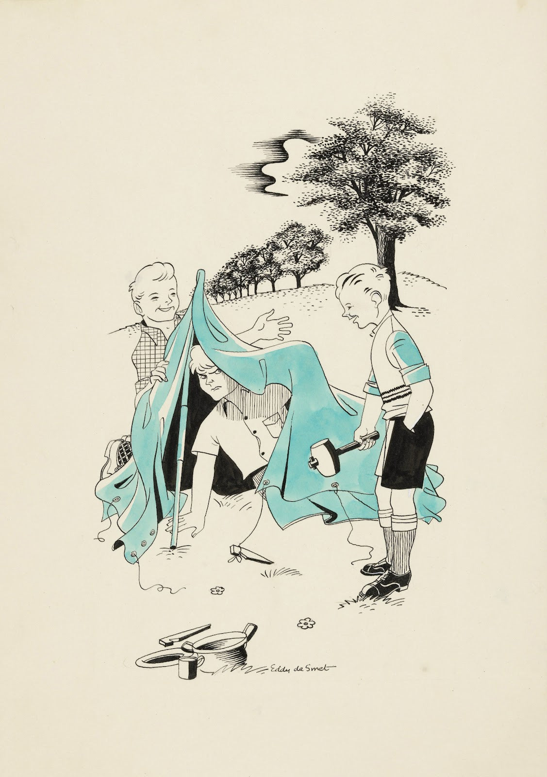 Drie jongens zetten een tent op 1947