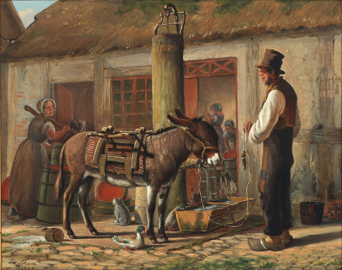 Gårdeksteriør med figurer og dyr omkring vandtruget 1868