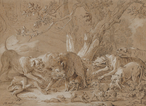 Wild Sow and Her Young Attacked by Dogs 1748