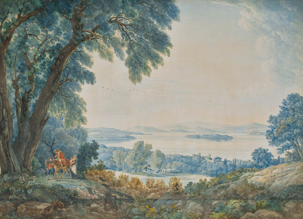 An extensive view with a lake outside Rome possibly Lake Bolsena with figures