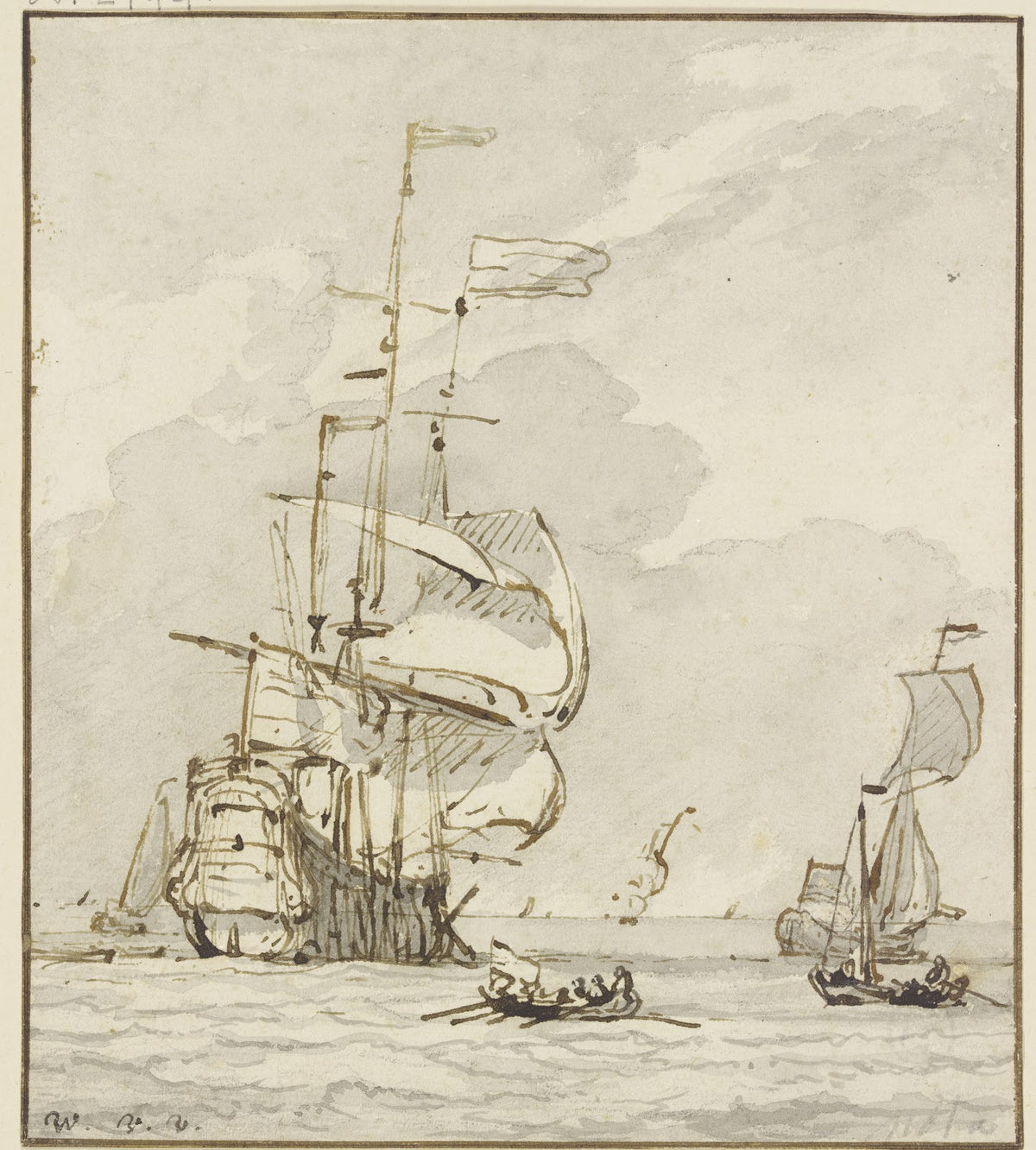 Großes Schiff von links nach hinten segelnd vorne ein Ruderboot und mehrere ande