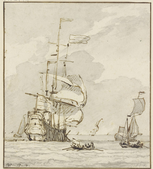 Großes Schiff von links nach hinten segelnd vorne ein Ruderboot und mehrere ande
