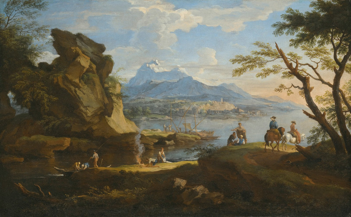 A Harbour Scene With Fishermen Returning To Shore Some Travellers Setting Up Cam