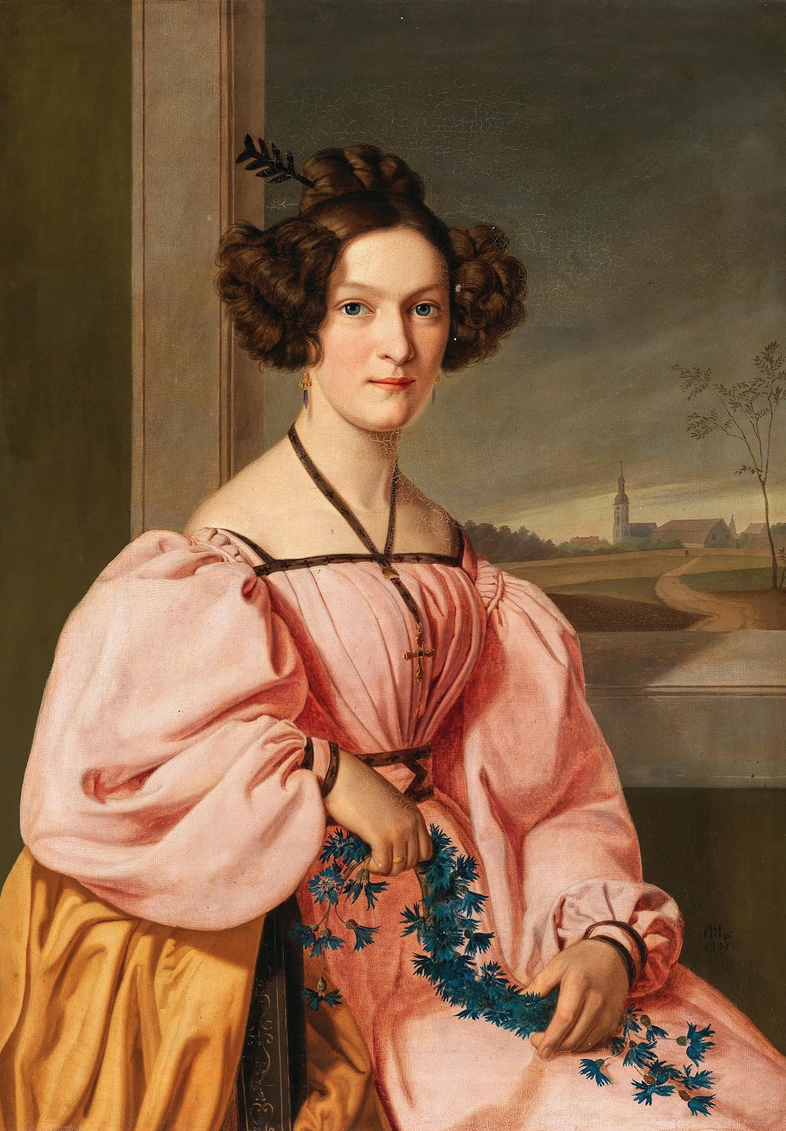 Portrait of a Lady with a Cornflower Wreath in the background belltower of Leipz