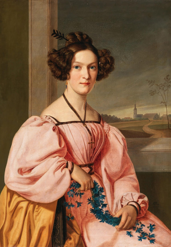 Portrait of a Lady with a Cornflower Wreath in the background belltower of Leipz