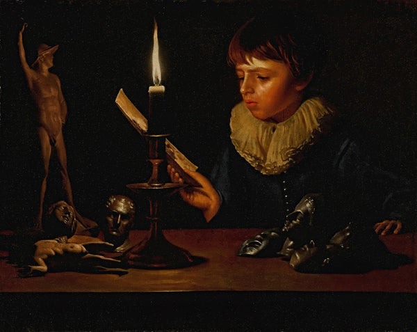 Boy behind a table with statuettes reading by candlelight 1641