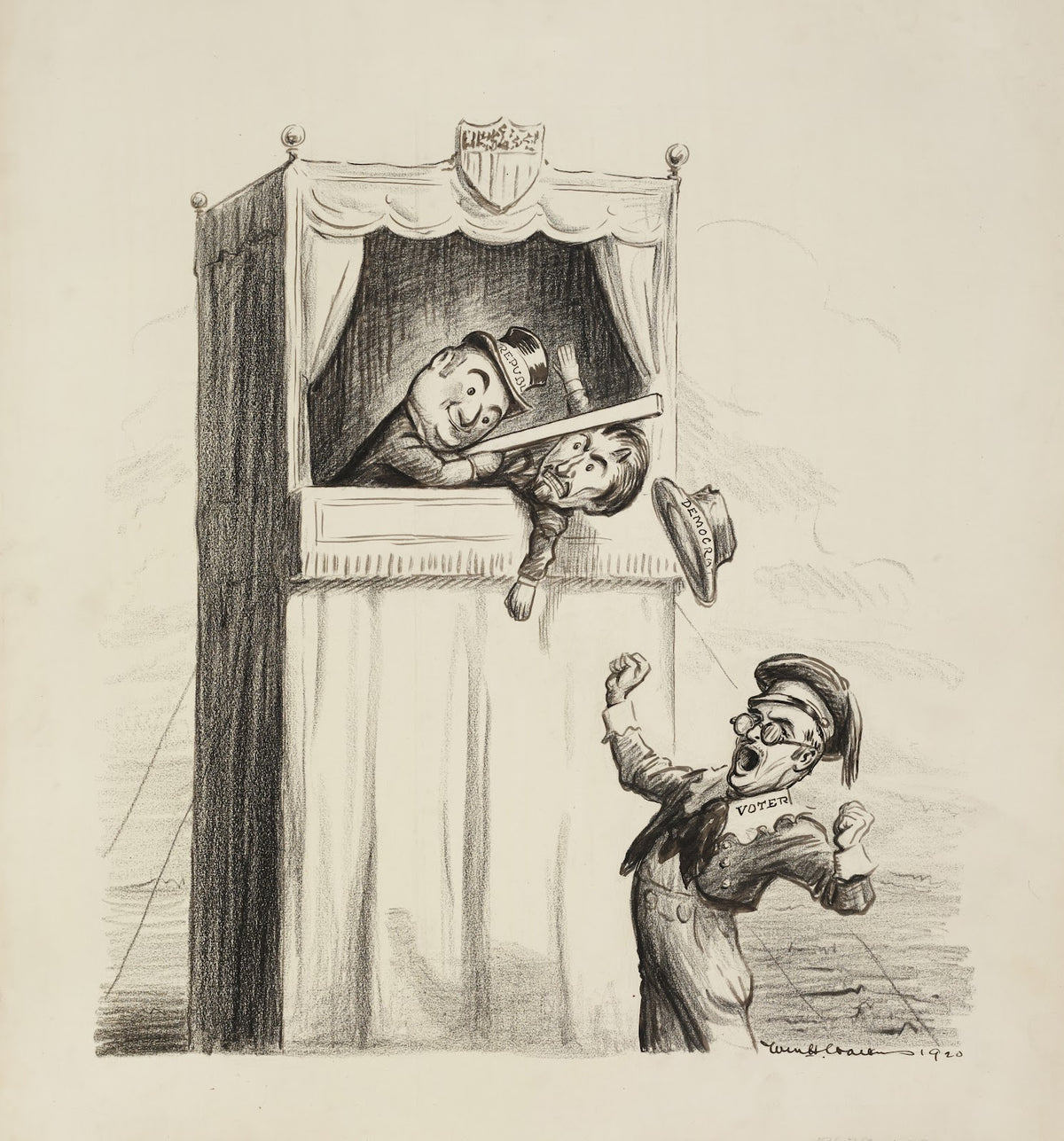 A man representing voters depicted as a young boy yawns and watches a puppet sho