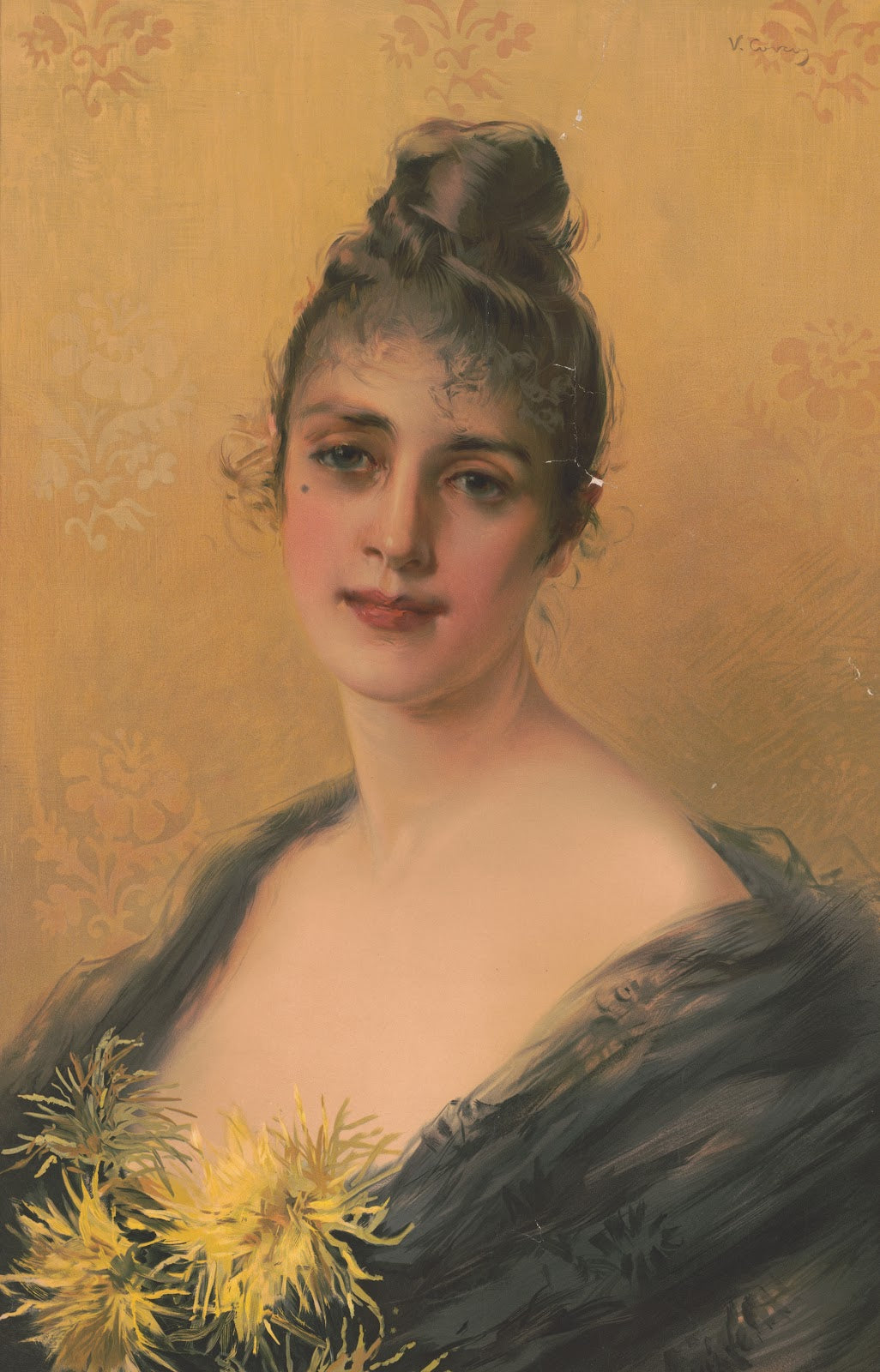 Woman from chest up with yellow flowers 1894