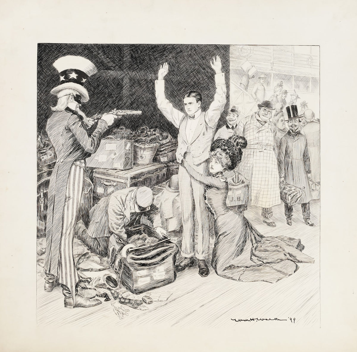 Uncle Sam as a bandit holds up a young couple at customs 1898