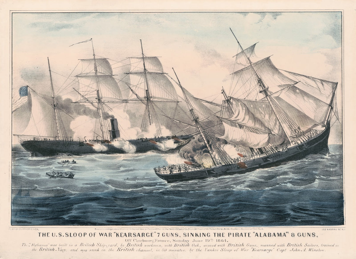 The US sloop of war Kearsarge 7 guns sinking the pirate Alabama 8 guns off Cherb