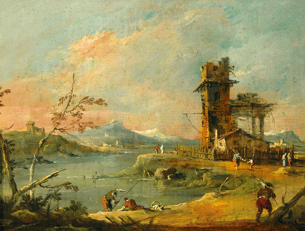 A capriccio of a rustic tower beside a lake with mountains beyond