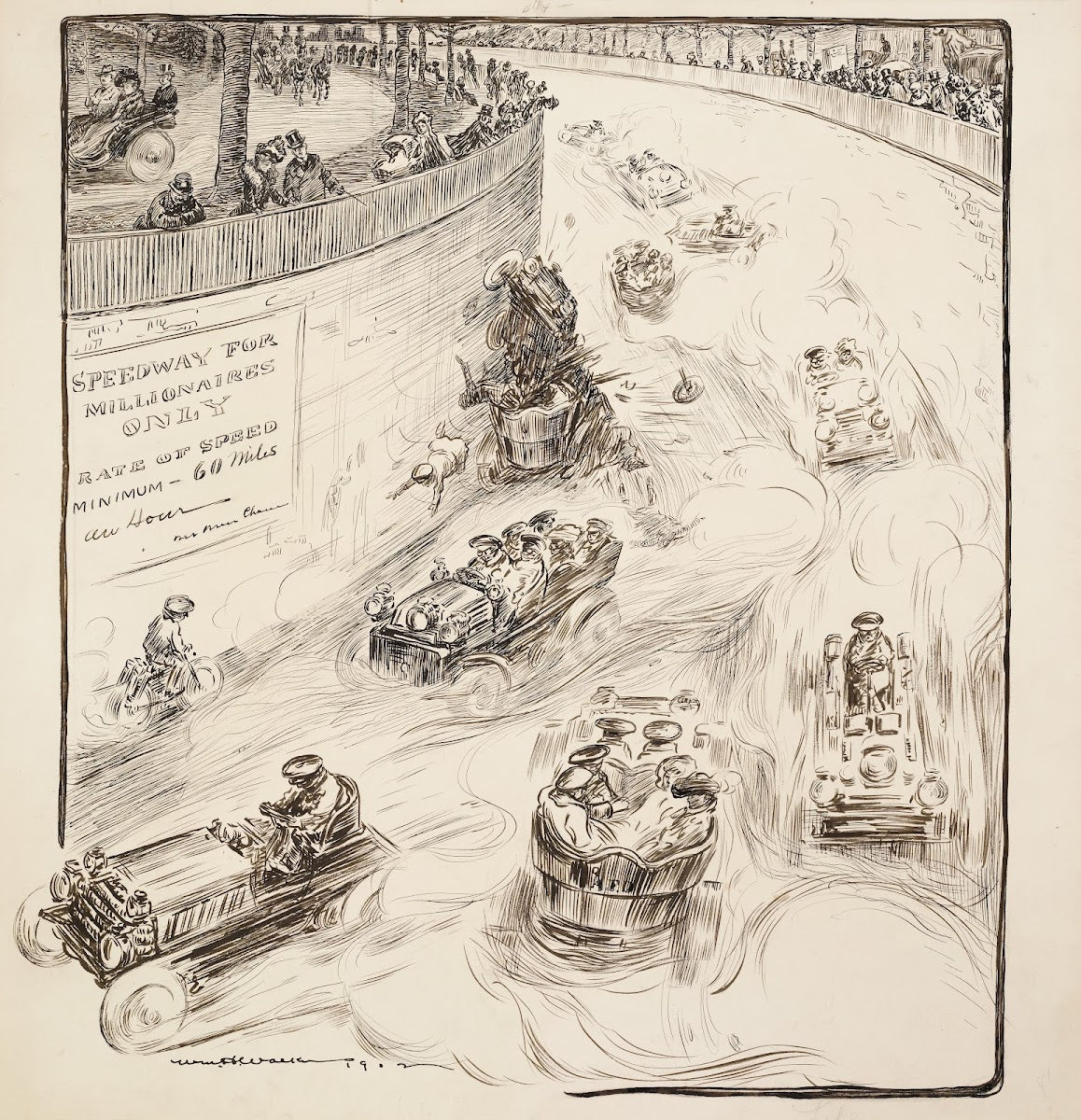 An auto race for millionaires only Cars run in either direction and there is a c