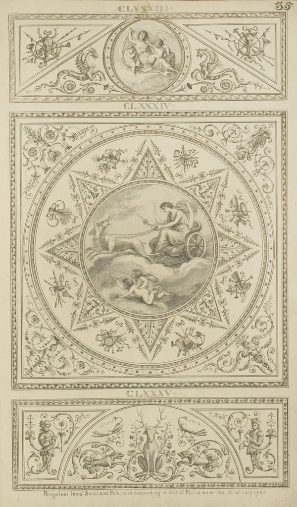 Central design of moon goddess riding stag drawn chariot across the sky 1777   1