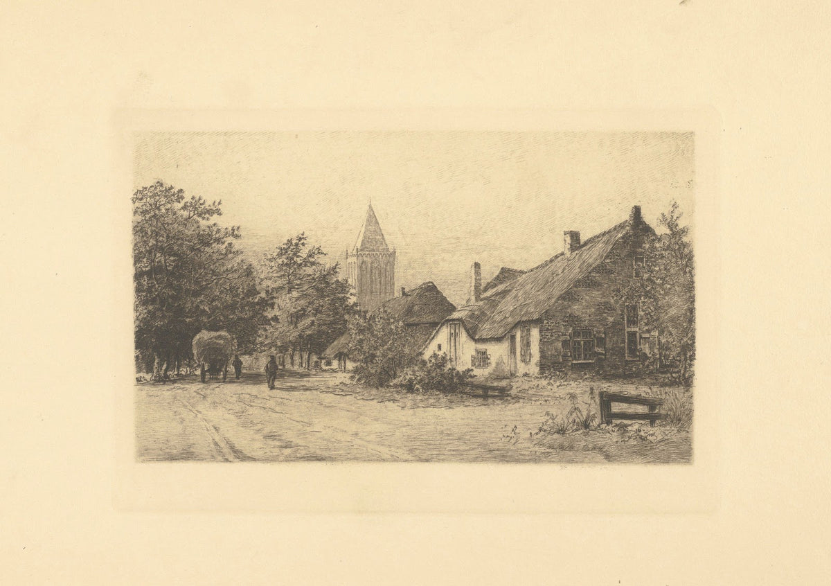 Boerderijen met kerktoren op de achtergrond