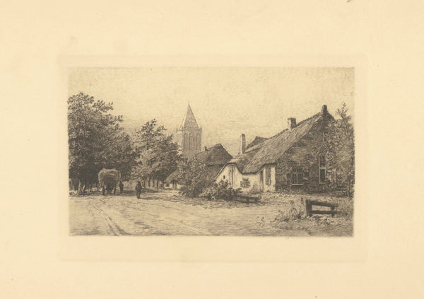 Boerderijen met kerktoren op de achtergrond