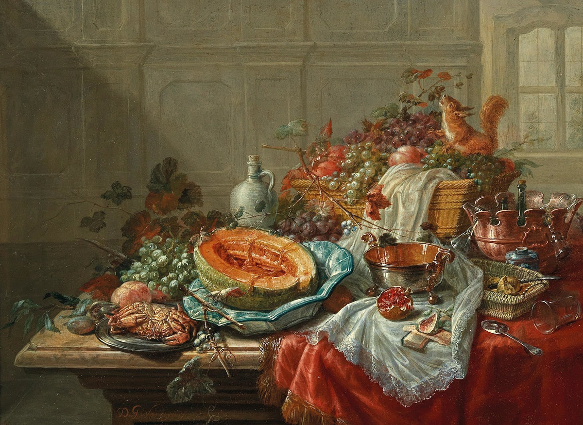 Porcelain silver objects fruit and shellfish on a table 1777