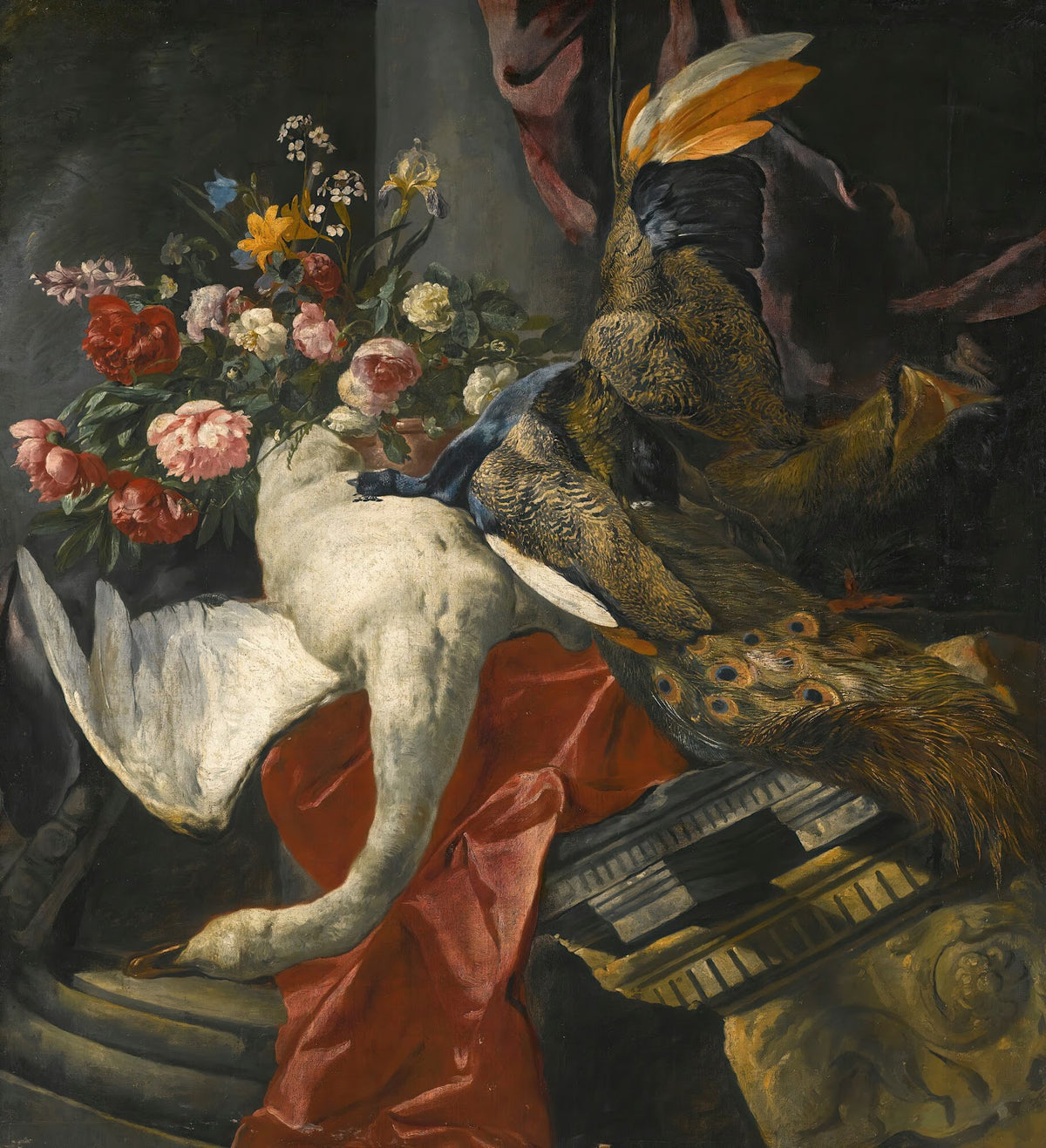 Still Life Of Peonies Roses And Other Flowers In A Terracotta Vase Together With