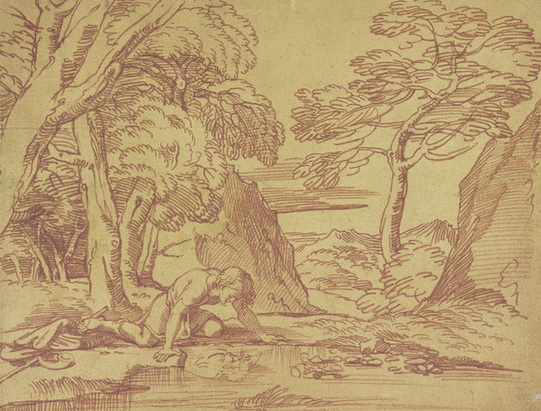 Narcissus betrachtet sein Spiegelbild in der Quelle