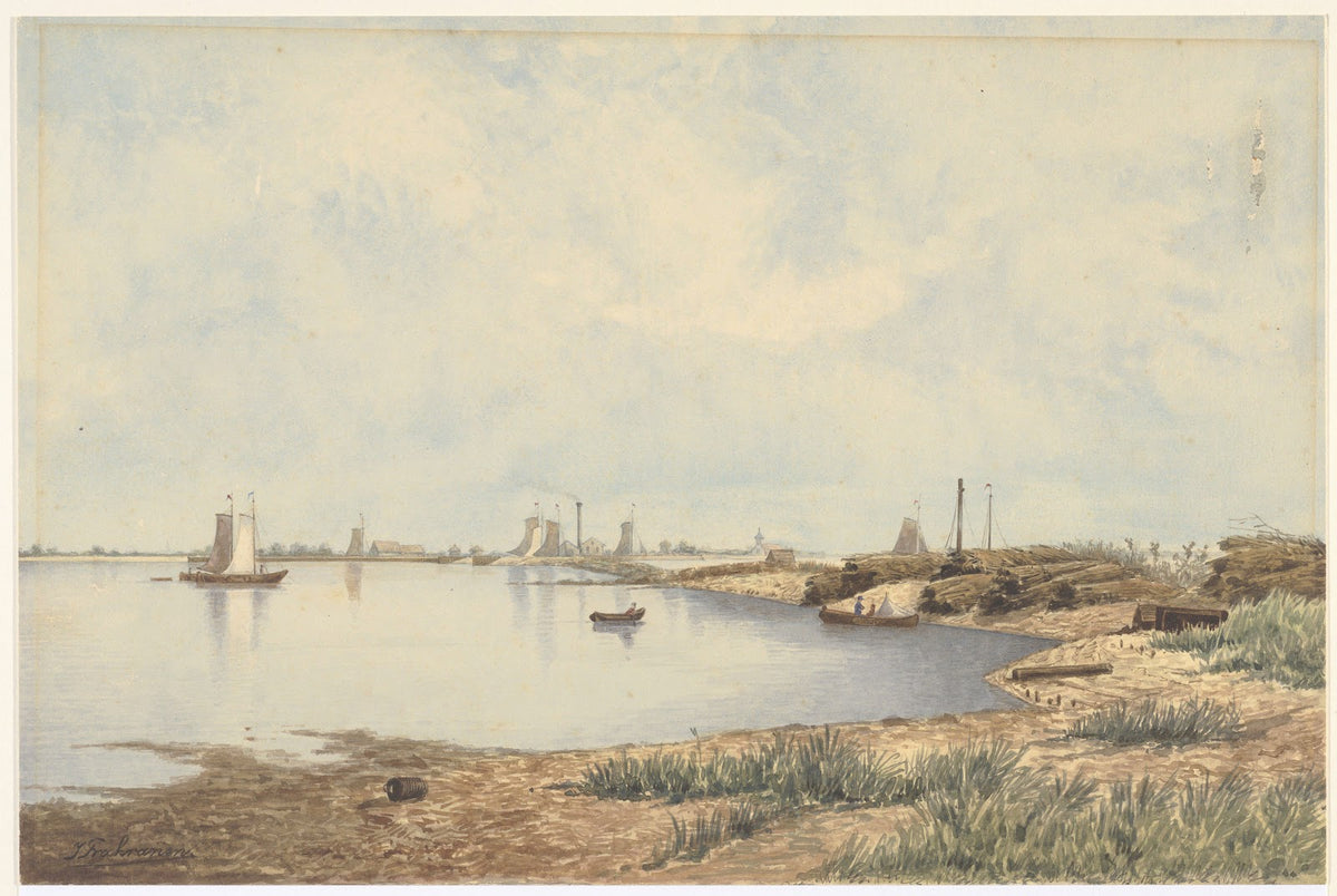 Het Noordzeekanaal te IJmuiden met vissersboten op de achtergrond in het m een f