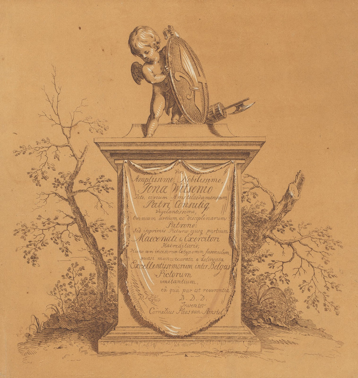 Staande putto op een monument met opdracht aan Jonas Witsen 1765