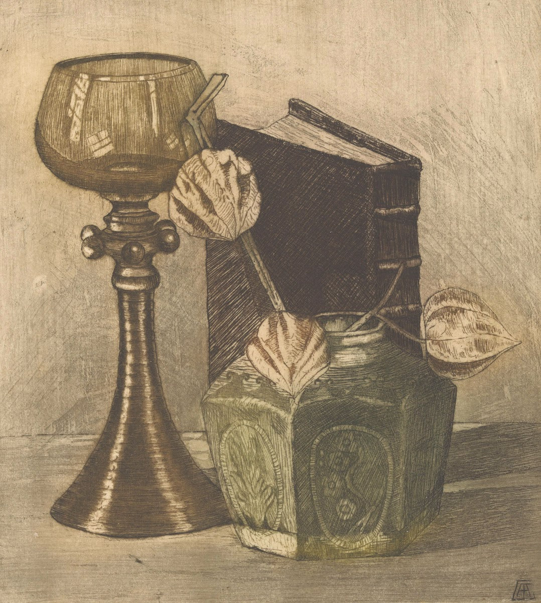Stilleven met boek wijnglas en lampionplant in gemberpot 1922