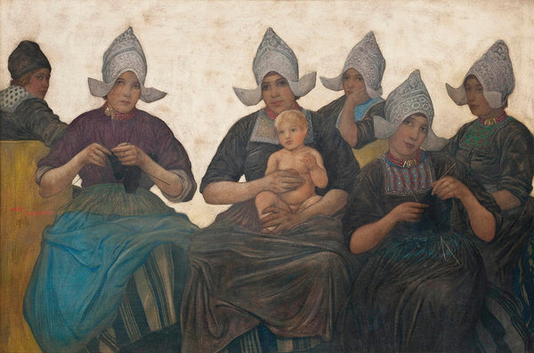 Dutch ladies knitting in traditional dress