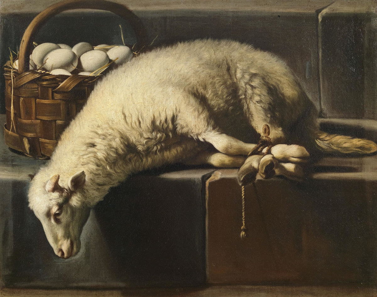 A ligated lamb besides a basket of eggs an Allegory of Easter