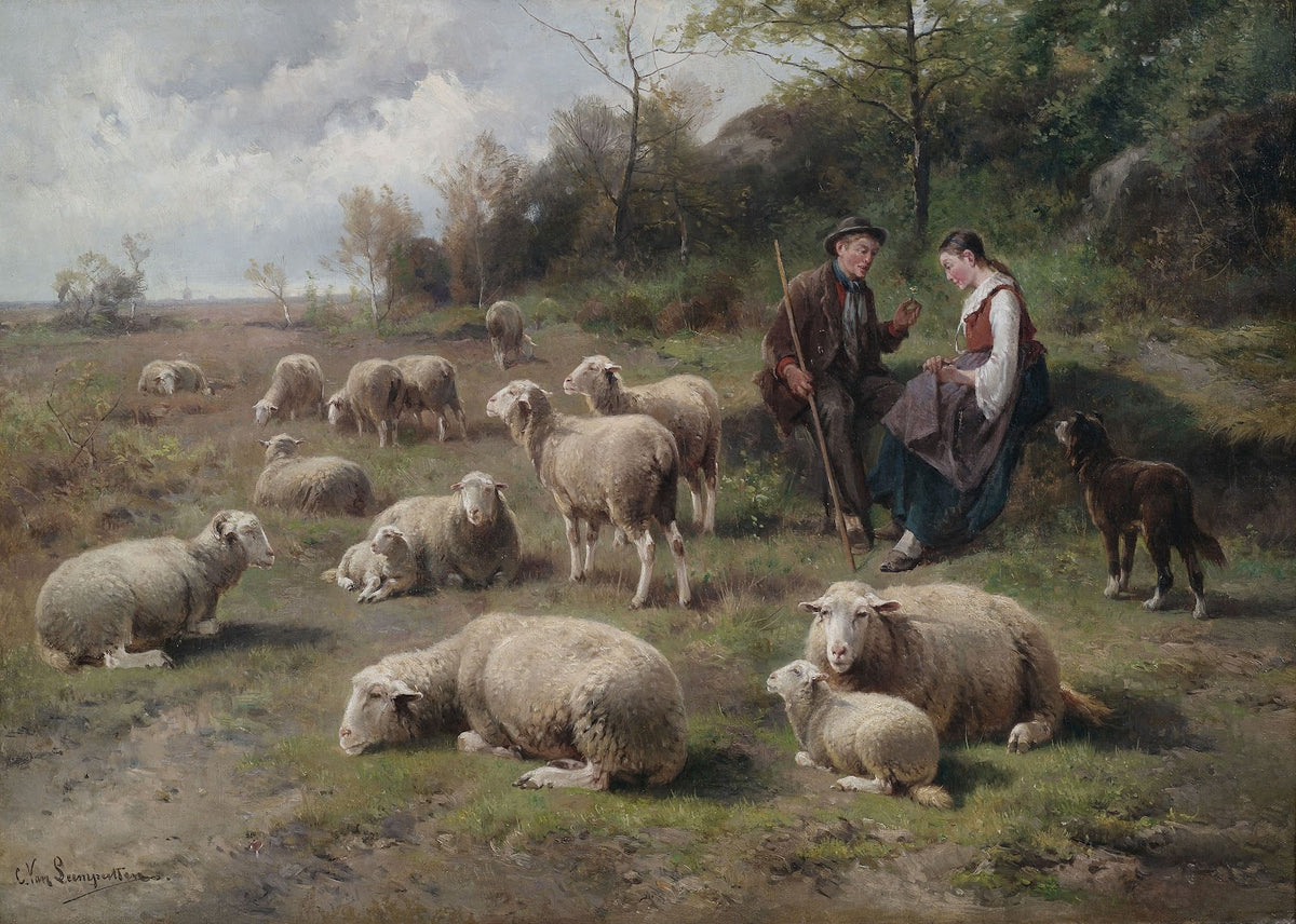 Schäferpaar mit Herde in Weidelandschaft