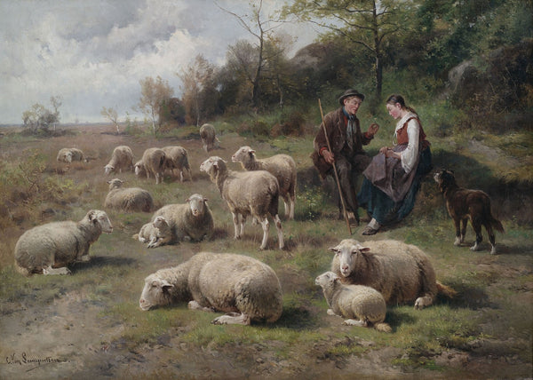 Schäferpaar mit Herde in Weidelandschaft