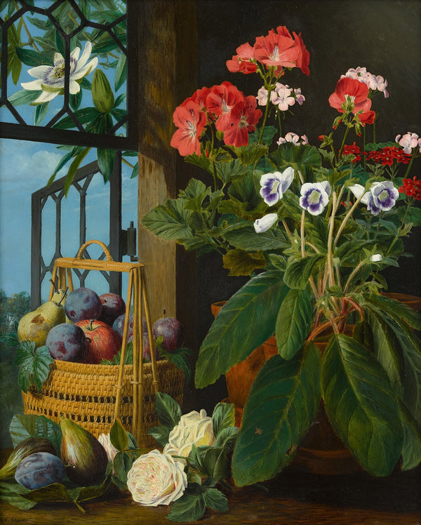 A still life with potted flowers and fruit