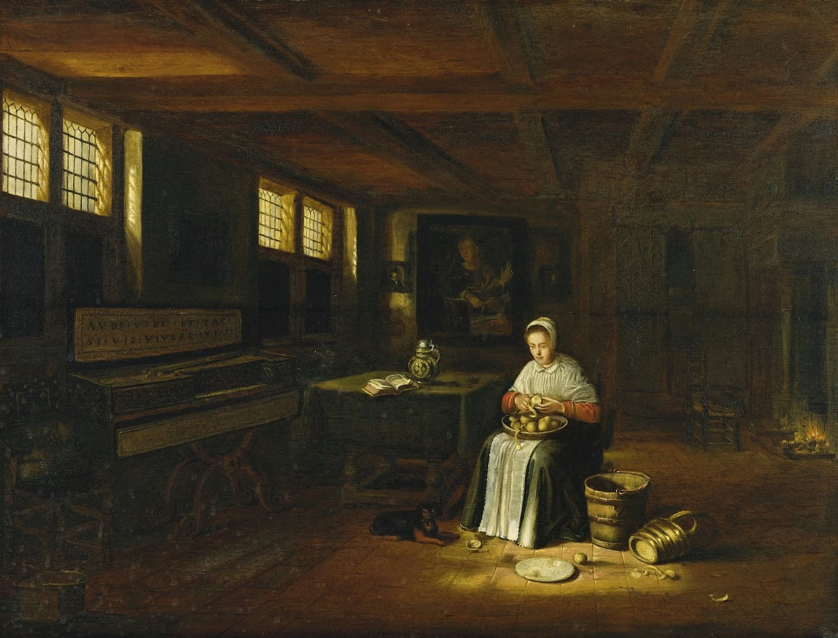 A Woman in an Interior Peeling Vegetables