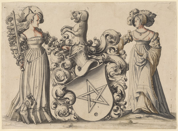 Zwei stehende Damen mit Wappen 1530