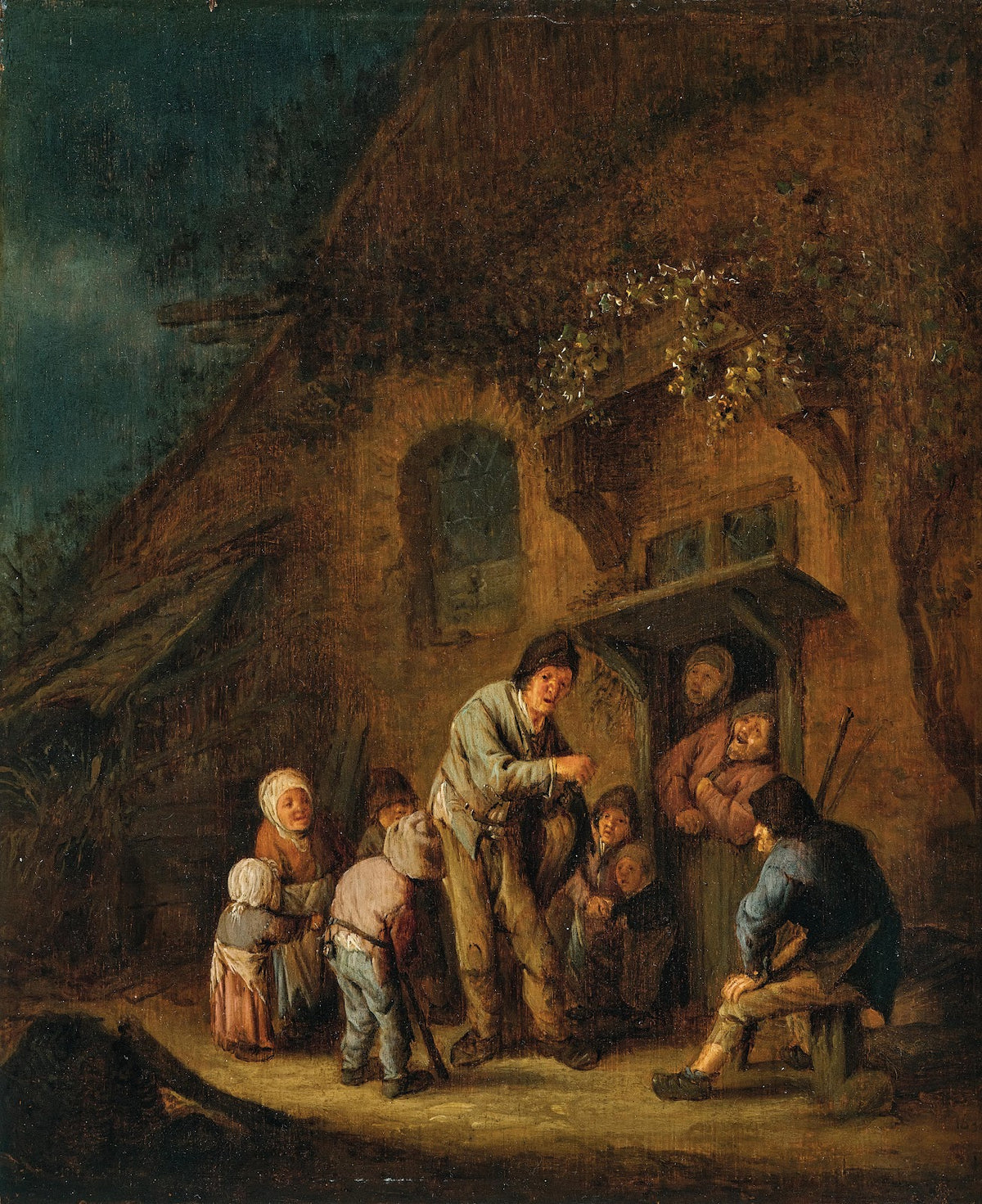 A farmyard with children and peasants listening to a hurdy gurdy player 1638