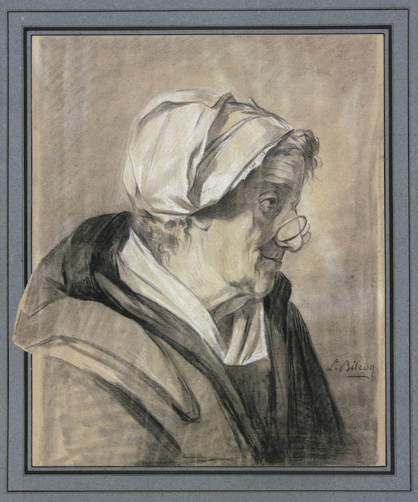 Alte Frau im Profil nach rechts schauend