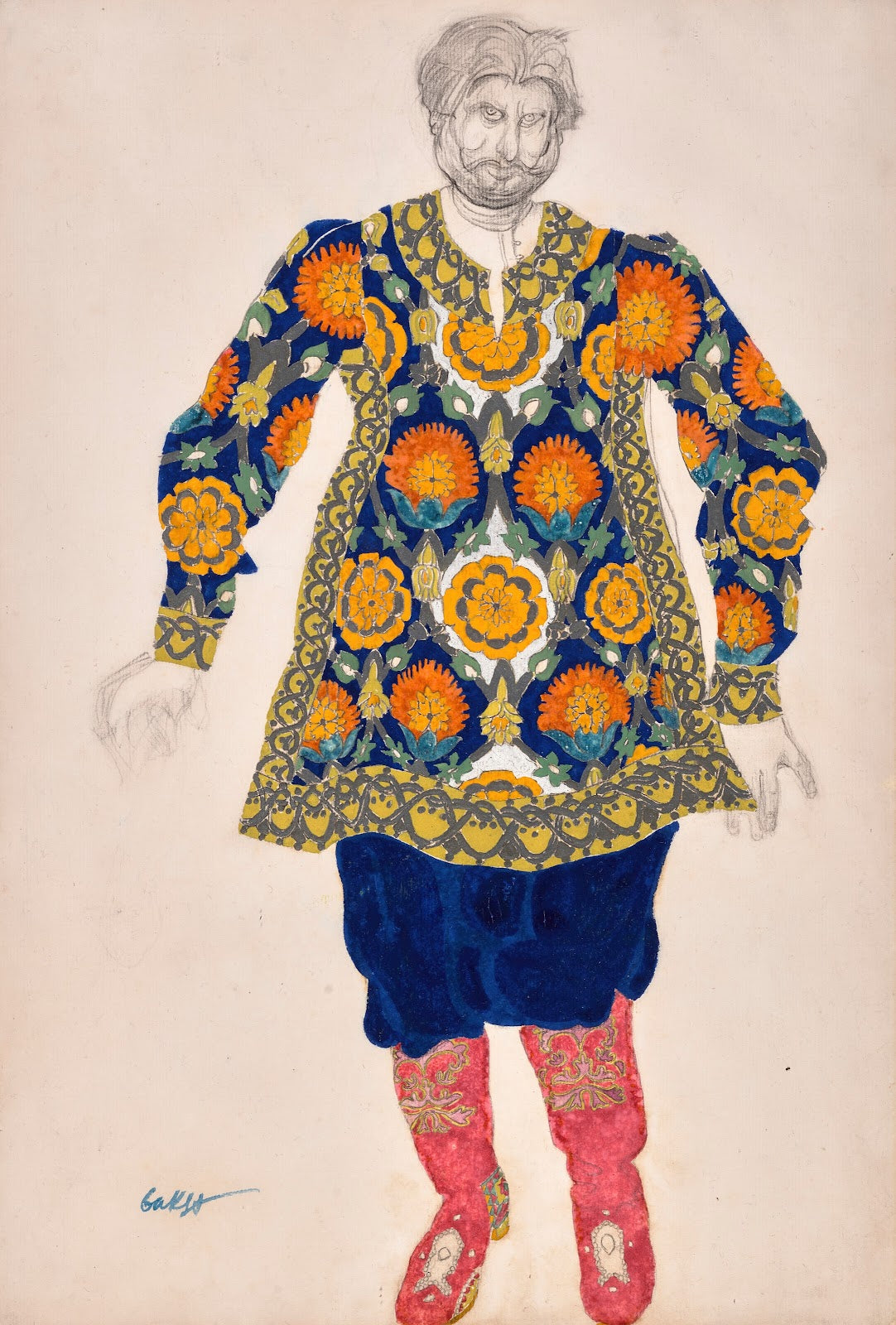 Costume design for Sadko Man with embroidered shirt and red boots circa 1917