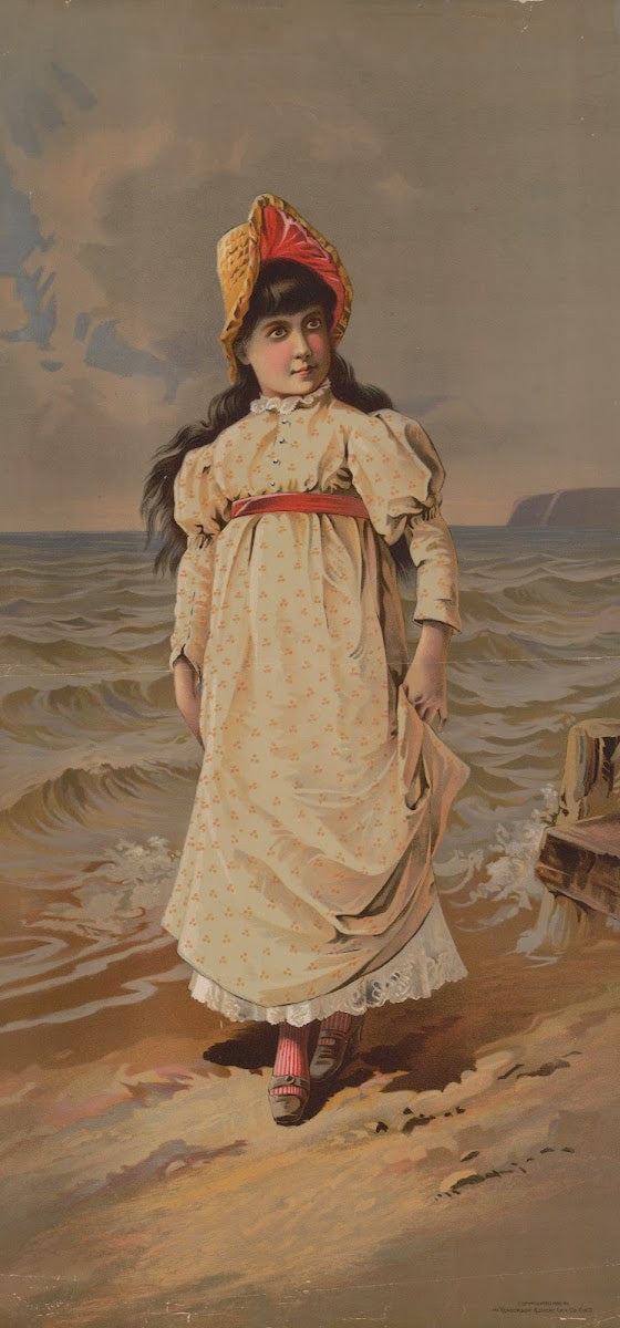 Girl with dark brown hair standing on the beach 1888