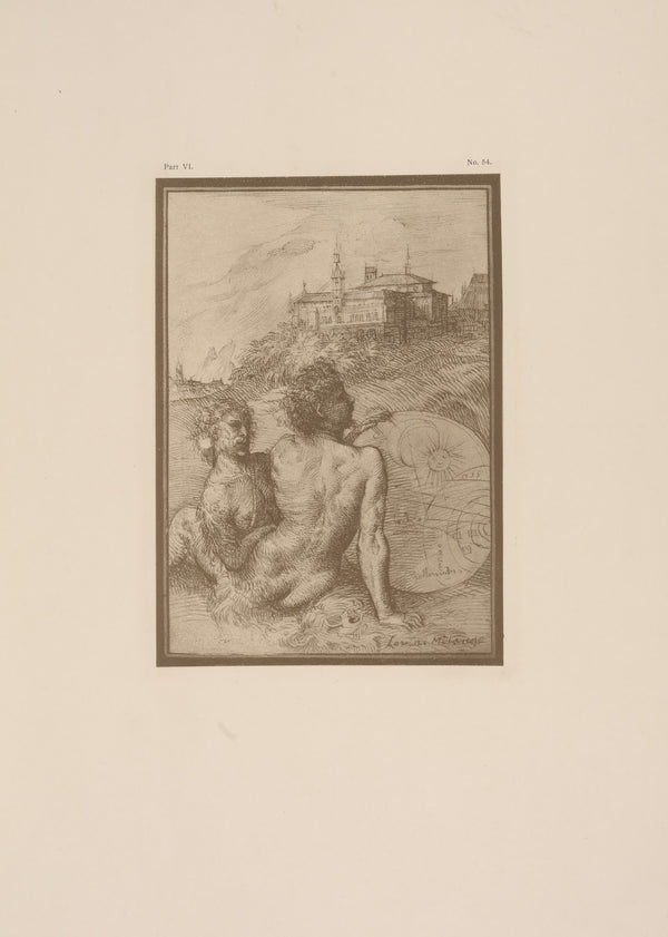 Drawing of two nude figures in a landscape 1900