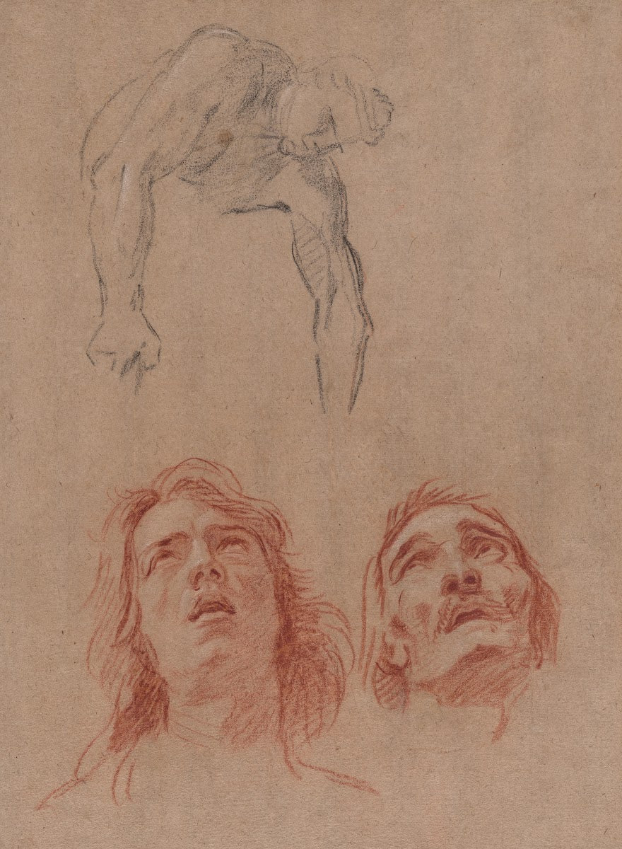 Man Reaching Down and Two Studies of Heads recto before 1698