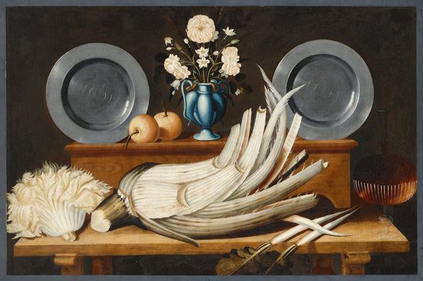 Still Life with Cardoon Pewter Plates and Vase of Flowers 17th century