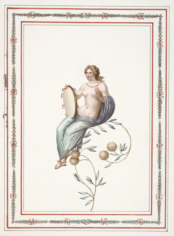 Partially nude woman sitting on flowering branch holding tambourine 1783