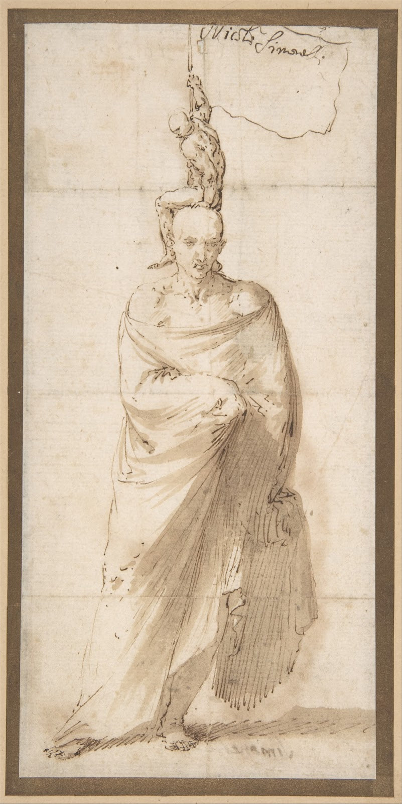 Man Wearing a Large Cloak and a Small Naked Man on His Head ca 163740