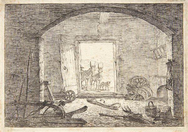 To muldyr i indgangen til en stald 1638