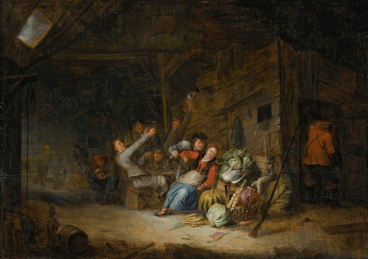 A Barn Interior With Figures Drinking Around A Table