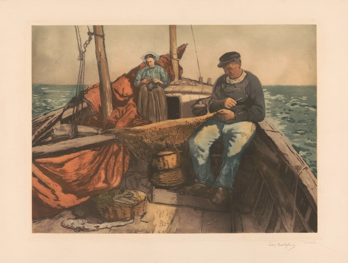 Avant la peche Bretagne  couple de pecheur sur une barque